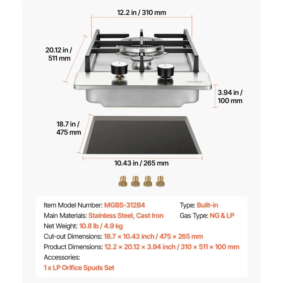VEVOR Gas Cooktop 12 inch, Max 12250BTU 2 Burners Built-in Stainless Steel Gas Stove Top, LPG/NG Convertible Dual Fuel Natural Gas Hob with Thermocouple Protection for Outdoor, Kitchen, Camping, RV
