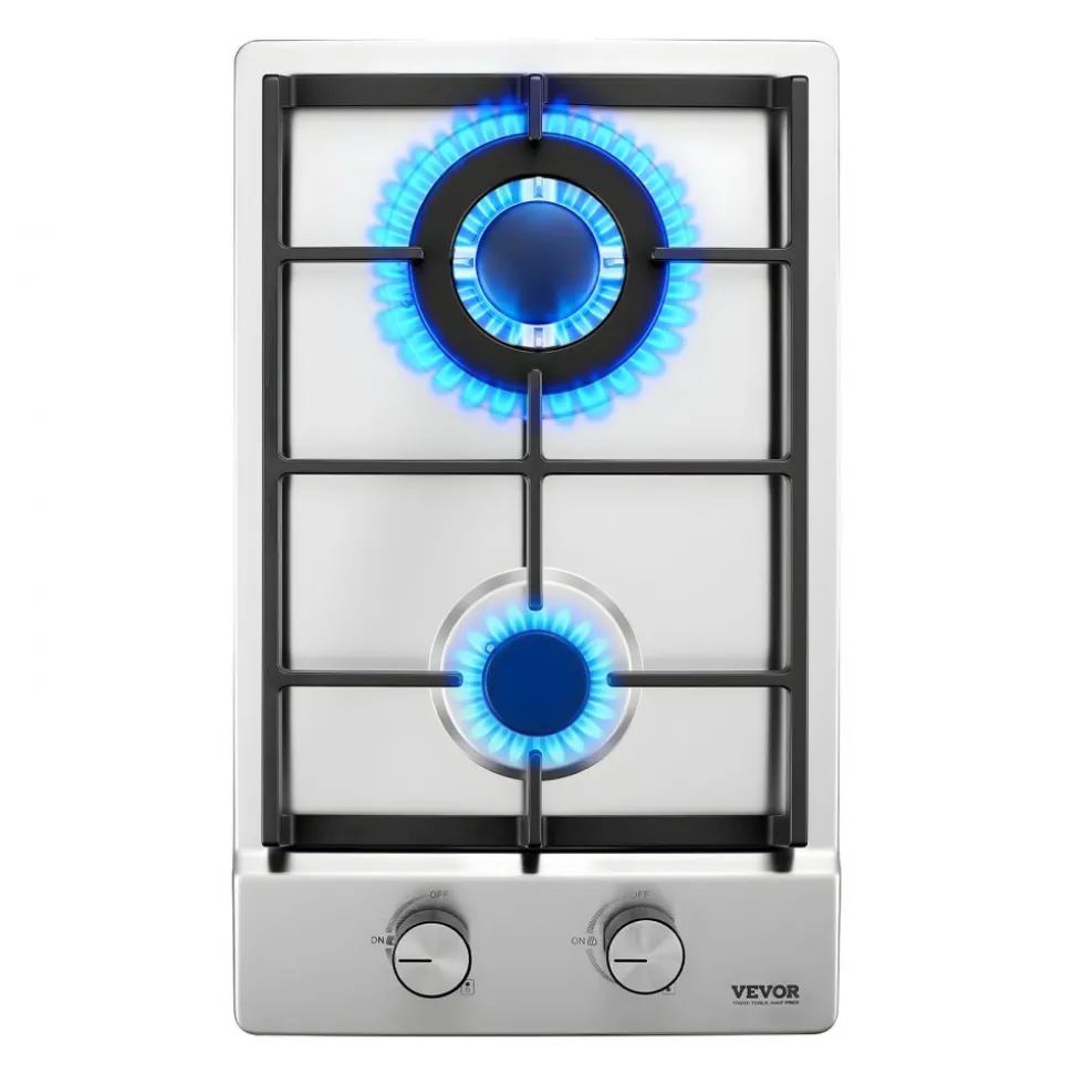 VEVOR Gas Cooktop 12 inch, Max 12250BTU 2 Burners Built-in Stainless Steel Gas Stove Top, LPG/NG Convertible Dual Fuel Natural Gas Hob with Thermocouple Protection for Outdoor, Kitchen, Camping, RV