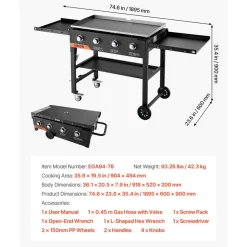 VEVOR Gas Griddle, 4-Burner Flat Top Grill, 36 inch Grill Plate Foldable Propane Griddle with Wheels, 60000 BTU Outdoor Flat Top Grills for Pan-Frying, Grilling, Stir-Frying, & BBQ, Pulse Ignition