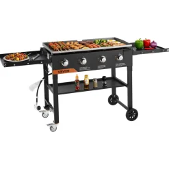 VEVOR Gas Griddle, 4-Burner Flat Top Grill, 36 inch Grill Plate Foldable Propane Griddle with Wheels, 60000 BTU Outdoor Flat Top Grills for Pan-Frying, Grilling, Stir-Frying, & BBQ, Pulse Ignition