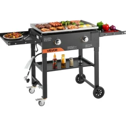 VEVOR Gas Griddle, 2-Burner Flat Top Grill, 28 inch Grill Plate Foldable Propane Griddle with Wheels, 30000 BTU Outdoor Flat Top Grills for Pan-Frying, Grilling, Stir-Frying, & BBQ, Pulse Ignition