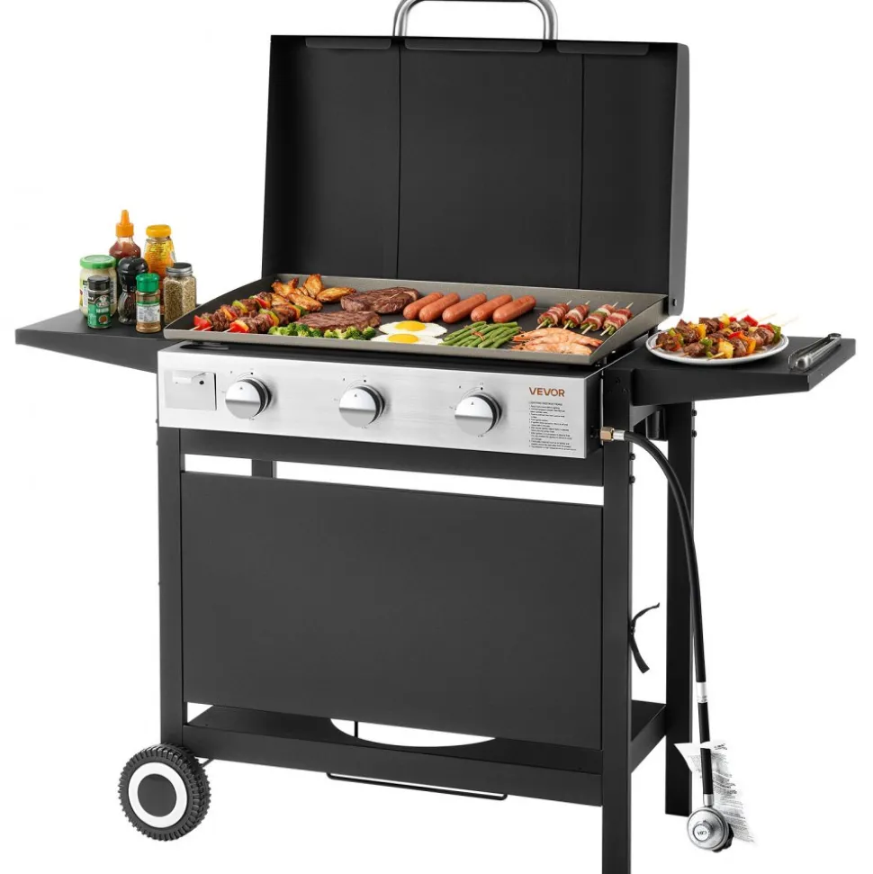 VEVOR Gas Griddle, 3-Burner Flat Top Grill, Propane Griddle with Wheels, Lid, 3 x 11000 BTU Outdoor Flat Top Grills for Pan-Frying, Grilling, Stir-Frying, & BBQ, Pulse Ignition, Removable Top Design