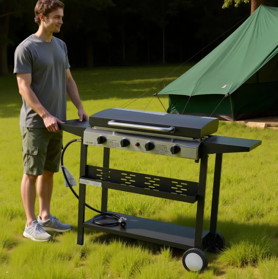 VEVOR Gas Griddle, 4-Burner Flat Top Grill, 29 inch Grill Plate Propane Griddle with Wheels, Lid, 28000 BTU Outdoor Flat Top Grills for Pan-Frying, Grilling, Stir-Frying, & BBQ, Pulse Ignition
