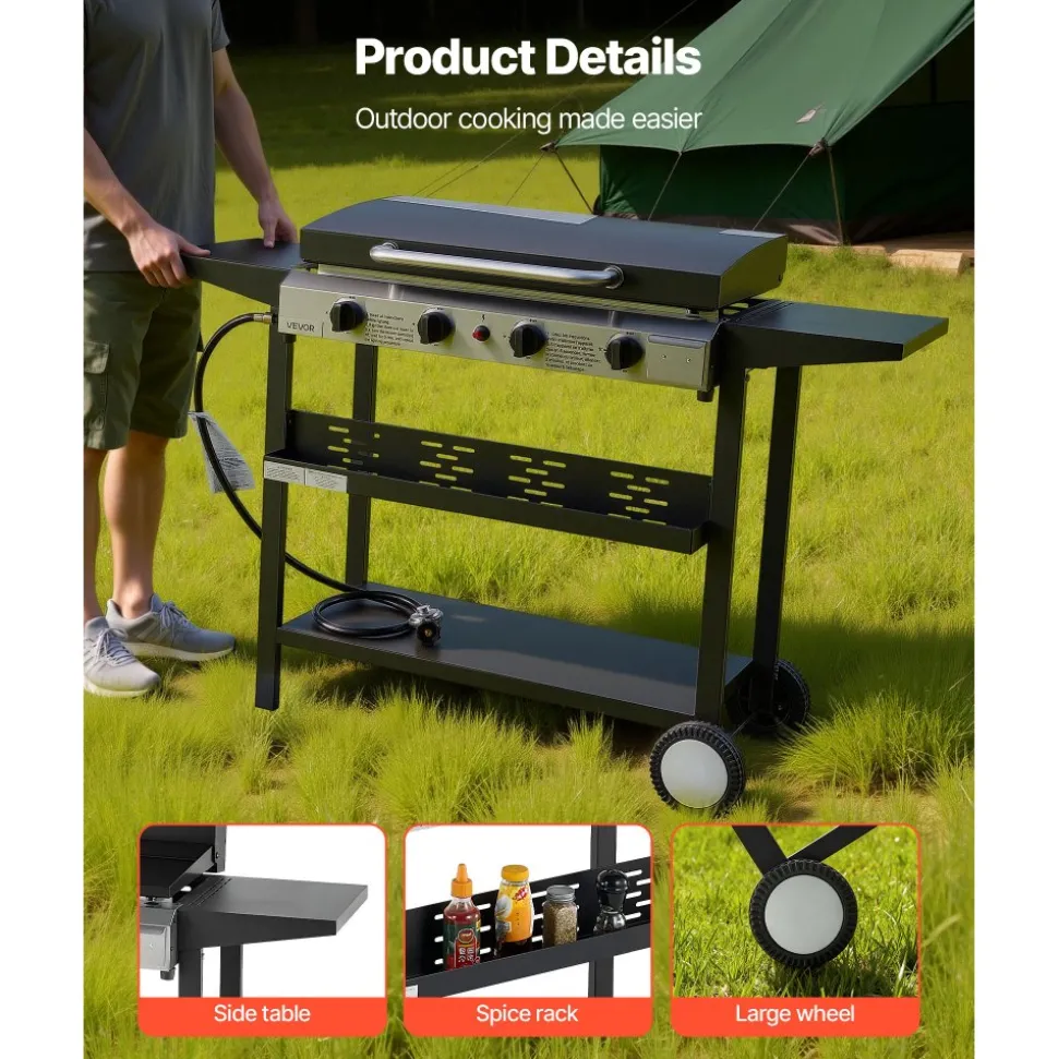 VEVOR Gas Griddle, 4-Burner Flat Top Grill, 29 inch Grill Plate Propane Griddle with Wheels, Lid, 28000 BTU Outdoor Flat Top Grills for Pan-Frying, Grilling, Stir-Frying, & BBQ, Pulse Ignition