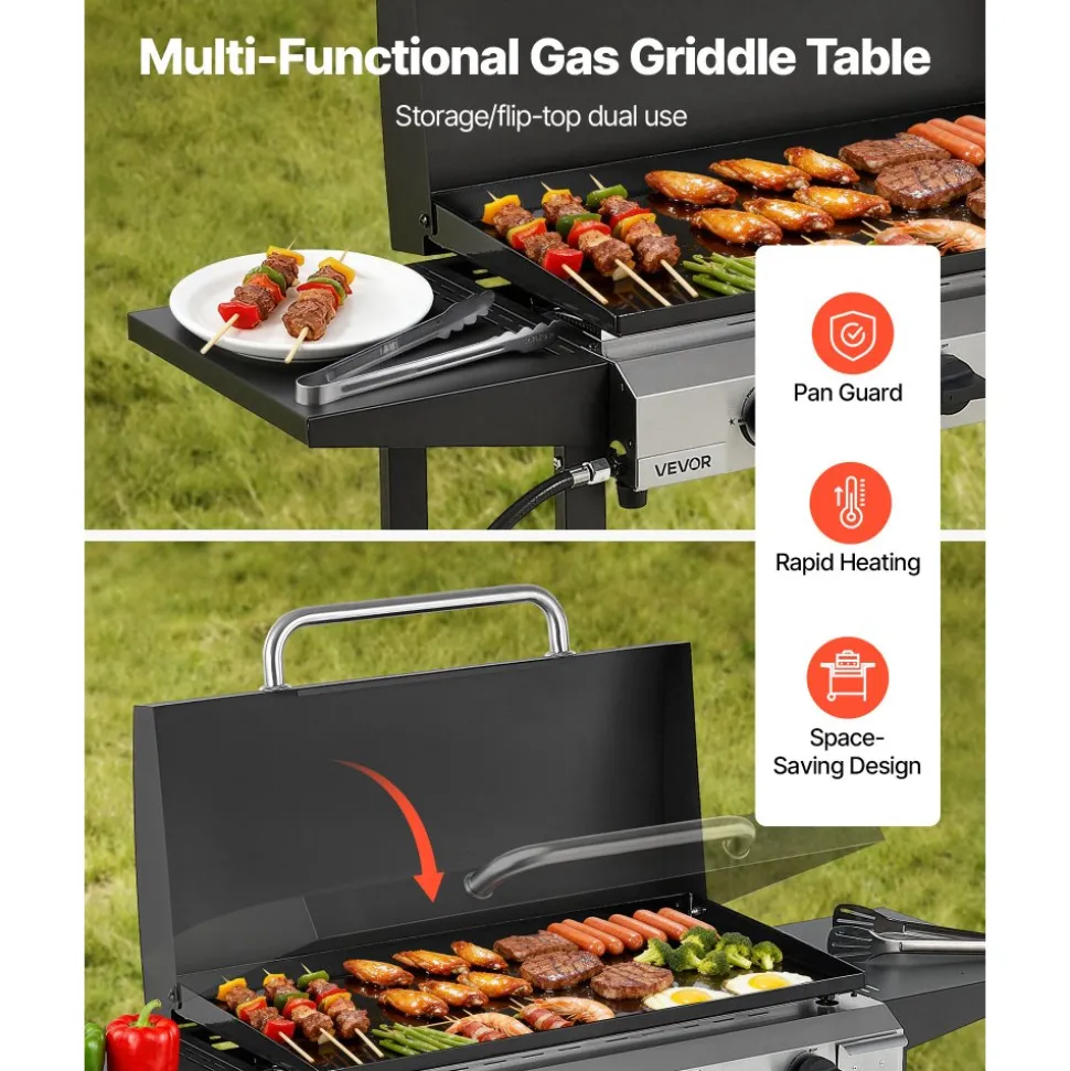 VEVOR Gas Griddle, 4-Burner Flat Top Grill, 29 inch Grill Plate Propane Griddle with Wheels, Lid, 28000 BTU Outdoor Flat Top Grills for Pan-Frying, Grilling, Stir-Frying, & BBQ, Pulse Ignition