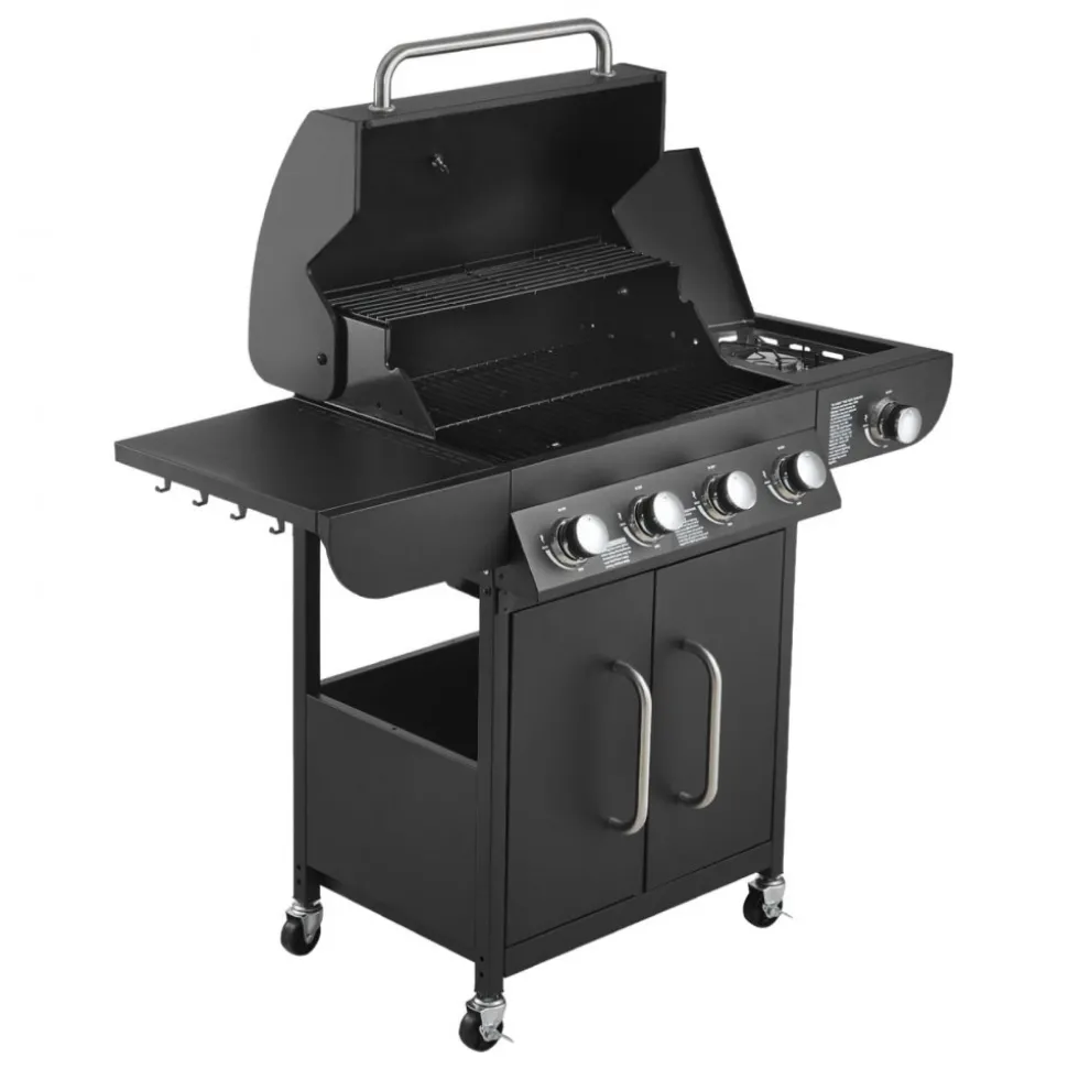 VEVOR Gas Grill, 4 Burner Propane Gas Grill with Side Burner, 425 SQ.In Grilling Area, Carbon Steel Enamel Grates, Outdoor 52,000 BTU Patio Garden BBQ Grills with Two Side Shelves, Carbon Steel