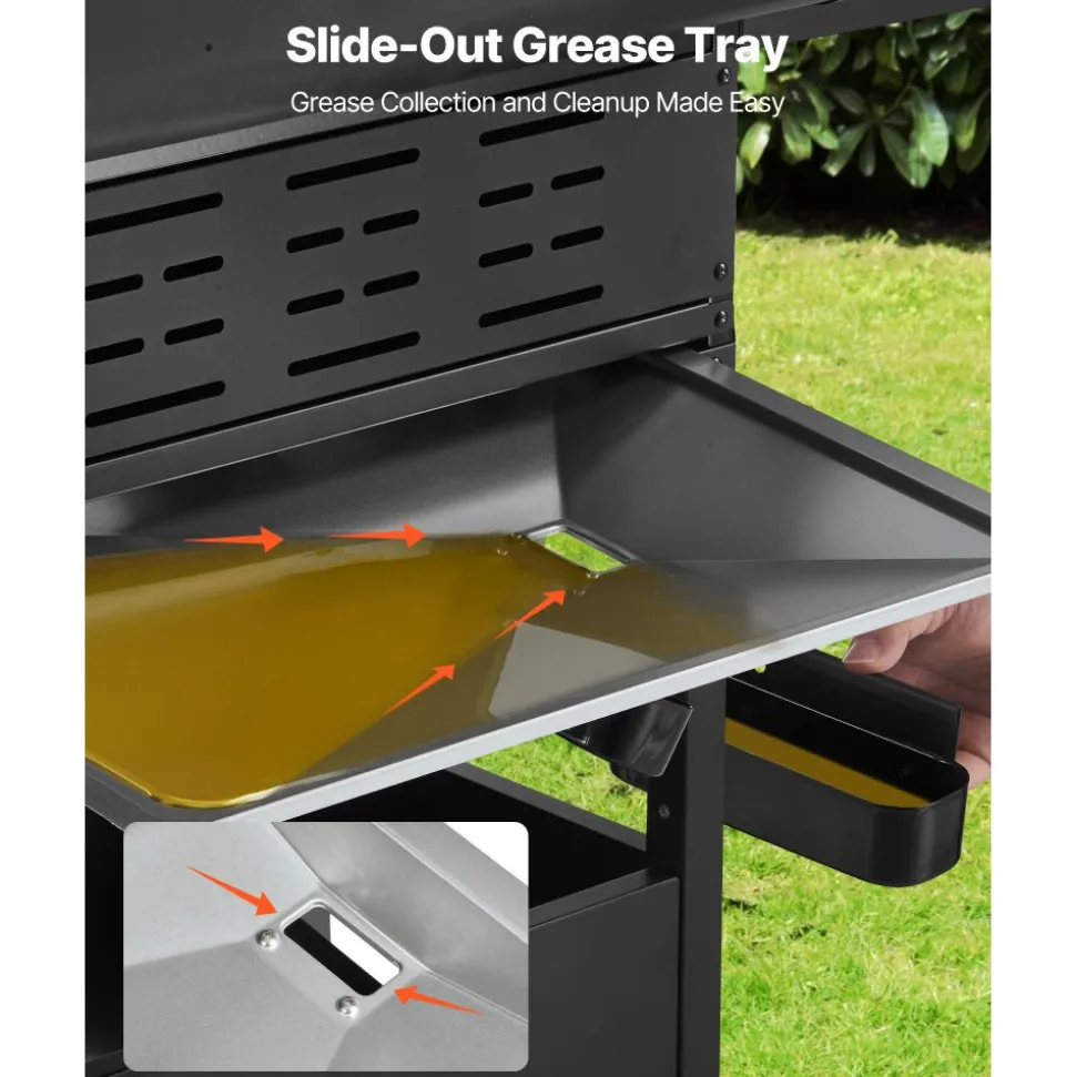 VEVOR Gas Grill, 4 Burner Propane Gas Grill with Side Burner, 425 SQ.In Grilling Area, Carbon Steel Enamel Grates, Outdoor 52,000 BTU Patio Garden BBQ Grills with Two Side Shelves, Carbon Steel
