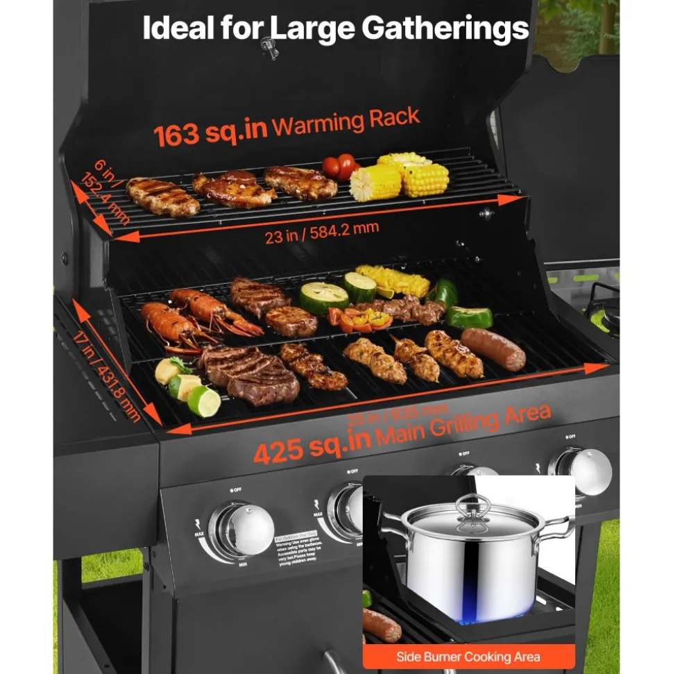 VEVOR Gas Grill, 4 Burner Propane Gas Grill with Side Burner, 425 SQ.In Grilling Area, Carbon Steel Enamel Grates, Outdoor 52,000 BTU Patio Garden BBQ Grills with Two Side Shelves, Carbon Steel