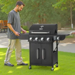VEVOR Gas Grill, 4 Burner Propane Gas Grill with Side Burner, 425 SQ.In Grilling Area, Carbon Steel Enamel Grates, Outdoor 52,000 BTU Patio Garden BBQ Grills with Two Side Shelves, Carbon Steel