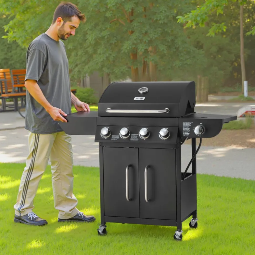 VEVOR Gas Grill, 4 Burner Propane Gas Grill with Side Burner, 425 SQ.In Grilling Area, Carbon Steel Enamel Grates, Outdoor 52,000 BTU Patio Garden BBQ Grills with Two Side Shelves, Carbon Steel