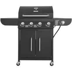 VEVOR Gas Grill, 4 Burner Propane Gas Grill with Side Burner, 425 SQ.In Grilling Area, Carbon Steel Enamel Grates, Outdoor 52,000 BTU Patio Garden BBQ Grills with Two Side Shelves, Carbon Steel