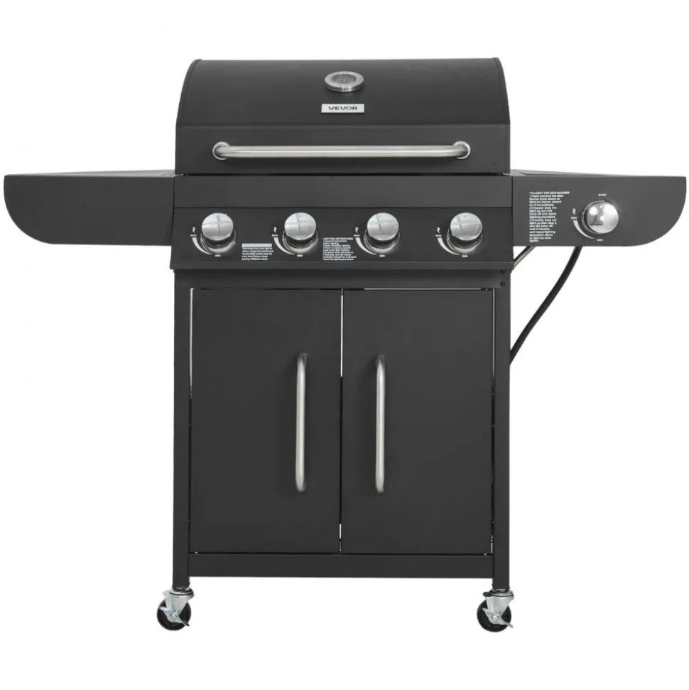 VEVOR Gas Grill, 4 Burner Propane Gas Grill with Side Burner, 425 SQ.In Grilling Area, Carbon Steel Enamel Grates, Outdoor 52,000 BTU Patio Garden BBQ Grills with Two Side Shelves, Carbon Steel