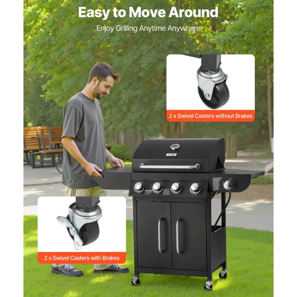 VEVOR Gas Grill, 4 Burner Propane Gas Grill with Side Burner, 425 SQ.In Grilling Area, Carbon Steel Enamel Grates, Outdoor 52,000 BTU Patio Garden BBQ Grills with Two Side Shelves, Carbon Steel