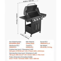 VEVOR Gas Grill, 4 Burner Propane Gas Grill with Side Burner, 425 SQ.In Grilling Area, Carbon Steel Enamel Grates, Outdoor 52,000 BTU Patio Garden BBQ Grills with Two Side Shelves, Carbon Steel