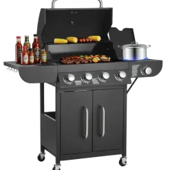 VEVOR Gas Grill, 4 Burner Propane Gas Grill with Side Burner, 425 SQ.In Grilling Area, Carbon Steel Enamel Grates, Outdoor 52,000 BTU Patio Garden BBQ Grills with Two Side Shelves, Carbon Steel