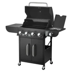 VEVOR Gas Grill, 4 Burner Propane Gas Grill with Side Burner, 425 SQ.In Grilling Area, Carbon Steel Enamel Grates, Outdoor 52,000 BTU Patio Garden BBQ Grills with Two Side Shelves, Carbon Steel