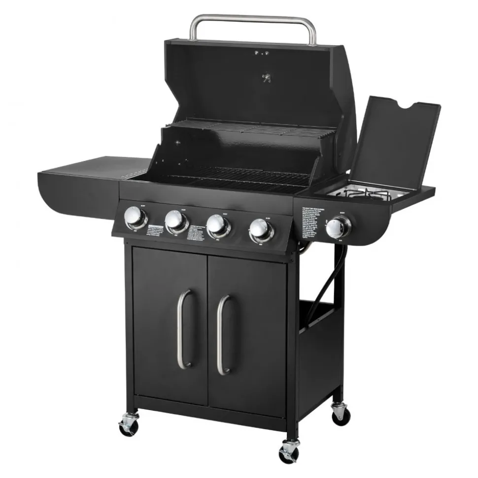 VEVOR Gas Grill, 4 Burner Propane Gas Grill with Side Burner, 425 SQ.In Grilling Area, Carbon Steel Enamel Grates, Outdoor 52,000 BTU Patio Garden BBQ Grills with Two Side Shelves, Carbon Steel