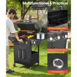 VEVOR Gas Grill, 4 Burner Propane Gas Grill with Side Burner, 425 SQ.In Grilling Area, Carbon Steel Enamel Grates, Outdoor 52,000 BTU Patio Garden BBQ Grills with Two Side Shelves, Carbon Steel