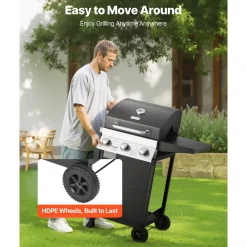 VEVOR Gas Grill, 3 Burner Propane Gas Grill with Spacious 338 SQ.In Grilling Area, Carbon Steel Enamel Grates, Outdoor 36,000 BTU Patio Garden BBQ Grills with Foldable Side Shelves, Carbon Steel