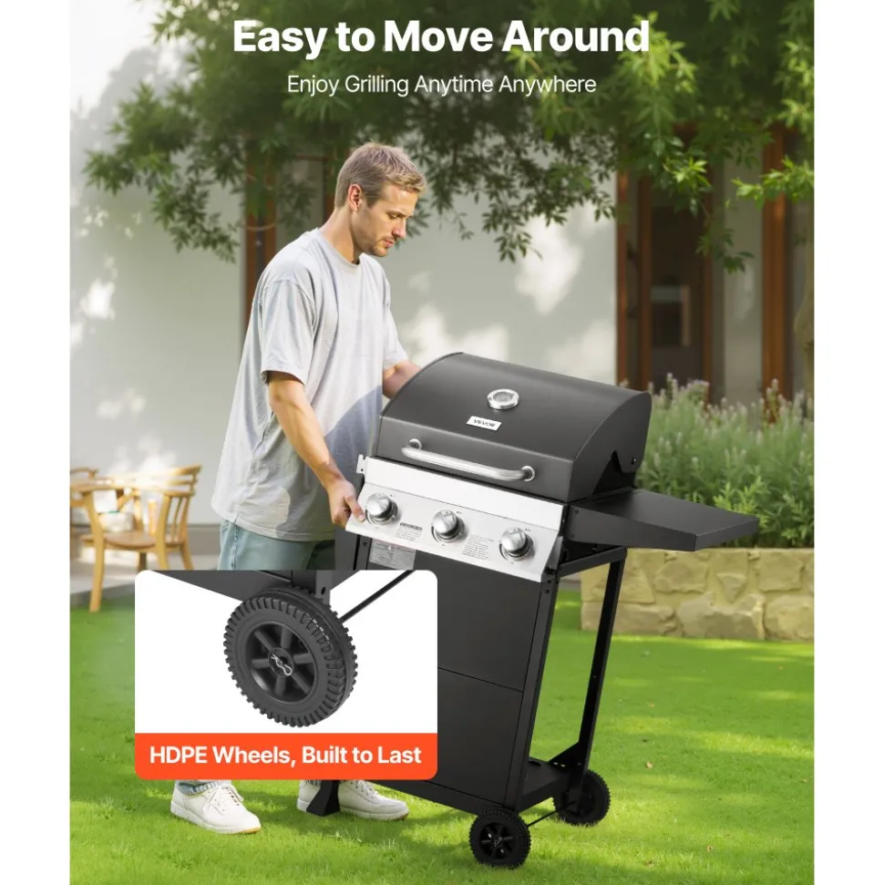 VEVOR Gas Grill, 3 Burner Propane Gas Grill with Spacious 338 SQ.In Grilling Area, Carbon Steel Enamel Grates, Outdoor 36,000 BTU Patio Garden BBQ Grills with Foldable Side Shelves, Carbon Steel