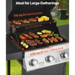 VEVOR Gas Grill, 3 Burner Propane Gas Grill with Spacious 338 SQ.In Grilling Area, Carbon Steel Enamel Grates, Outdoor 36,000 BTU Patio Garden BBQ Grills with Foldable Side Shelves, Carbon Steel