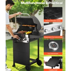 VEVOR Gas Grill, 3 Burner Propane Gas Grill with Spacious 338 SQ.In Grilling Area, Carbon Steel Enamel Grates, Outdoor 36,000 BTU Patio Garden BBQ Grills with Foldable Side Shelves, Carbon Steel