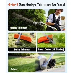 VEVOR Gas Hedge Trimmer, 2 Cycle Gas Power Handheld Hedge Trimmer, 4-in-1 26cc Weed Eater with Protective Gear Set, Includes Hedge and String Trimmer, Edger, Brush Cutter, for Trimming Shrubs & Bushes
