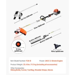 VEVOR Gas Hedge Trimmer, 2 Cycle Gas Power Handheld Hedge Trimmer, 4-in-1 26cc Weed Eater with Protective Gear Set, Includes Hedge and String Trimmer, Edger, Brush Cutter, for Trimming Shrubs & Bushes