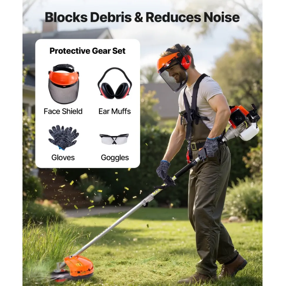 VEVOR Gas Hedge Trimmer, 2 Cycle Gas Power Handheld Hedge Trimmer, 5-in-1 63cc Cordless Weed Eater with Protective Gear Set, Includes Hedge and String Trimmer, Brush Cutter(3T & 40T Blades), Pole Saw