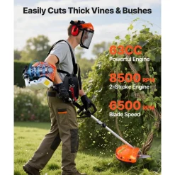 VEVOR Gas Hedge Trimmer, 2 Cycle Gas Power Handheld Hedge Trimmer, 5-in-1 63cc Cordless Weed Eater with Protective Gear Set, Includes Hedge and String Trimmer, Brush Cutter(3T & 40T Blades), Pole Saw