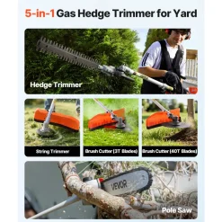 VEVOR Gas Hedge Trimmer, 2 Cycle Gas Power Handheld Hedge Trimmer, 5-in-1 63cc Cordless Weed Eater with Protective Gear Set, Includes Hedge and String Trimmer, Brush Cutter(3T & 40T Blades), Pole Saw