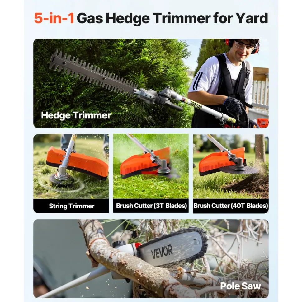 VEVOR Gas Hedge Trimmer, 2 Cycle Gas Power Handheld Hedge Trimmer, 5-in-1 63cc Cordless Weed Eater with Protective Gear Set, Includes Hedge and String Trimmer, Brush Cutter(3T & 40T Blades), Pole Saw