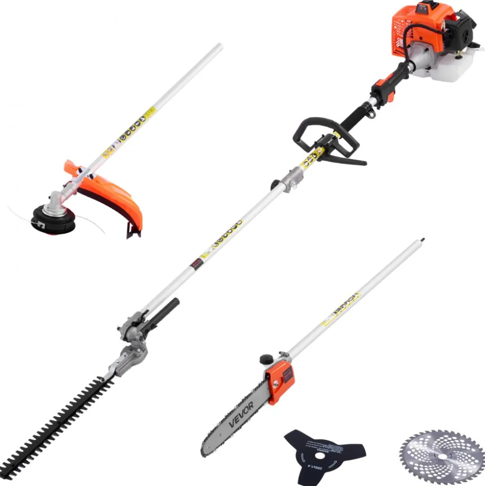VEVOR Gas Hedge Trimmer, 2 Cycle Gas Power Handheld Hedge Trimmer, 5-in-1 63cc Cordless Weed Eater with Protective Gear Set, Includes Hedge and String Trimmer, Brush Cutter(3T & 40T Blades), Pole Saw