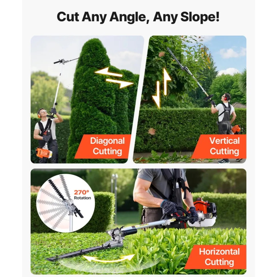 VEVOR Gas Hedge Trimmer, 2 Cycle Gas Power Handheld Hedge Trimmer, 5-in-1 63cc Cordless Weed Eater with Protective Gear Set, Includes Hedge and String Trimmer, Brush Cutter(3T & 40T Blades), Pole Saw