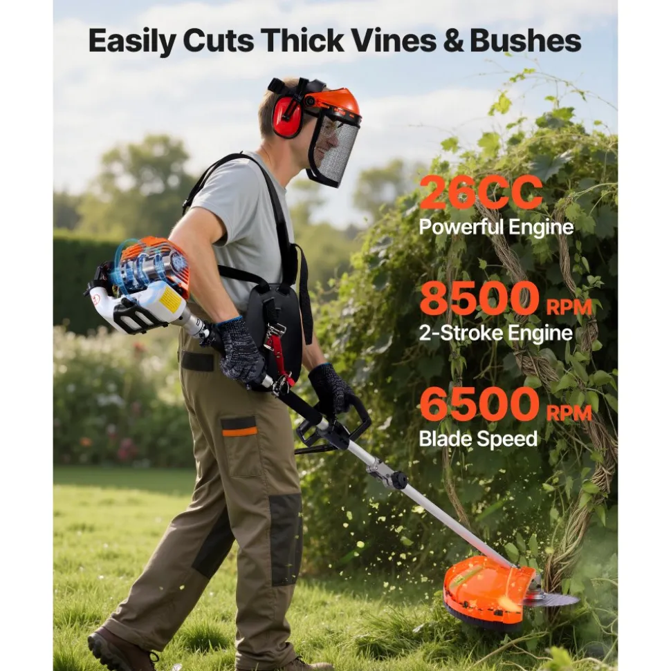 VEVOR Gas Hedge Trimmer, 2 Cycle Gas Power Handheld Trimmer, 6-in-1 26cc Weed Eater with Extension Pole & Protective Gear Set, Includes Hedge & String Trimmer, Brush Cutter(3T & 40T), Edger, Pole Saw