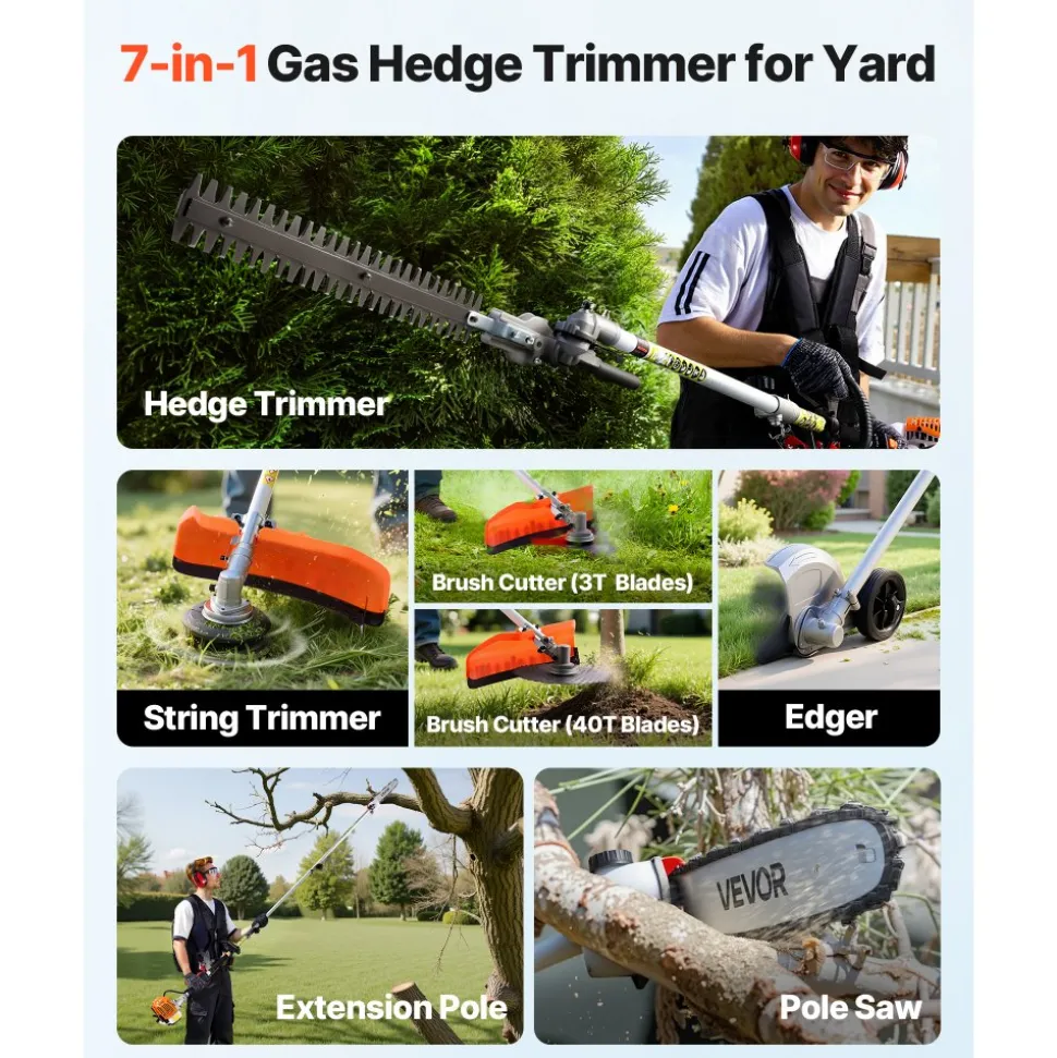 VEVOR Gas Hedge Trimmer, 2 Cycle Gas Power Handheld Trimmer, 6-in-1 26cc Weed Eater with Extension Pole & Protective Gear Set, Includes Hedge & String Trimmer, Brush Cutter(3T & 40T), Edger, Pole Saw