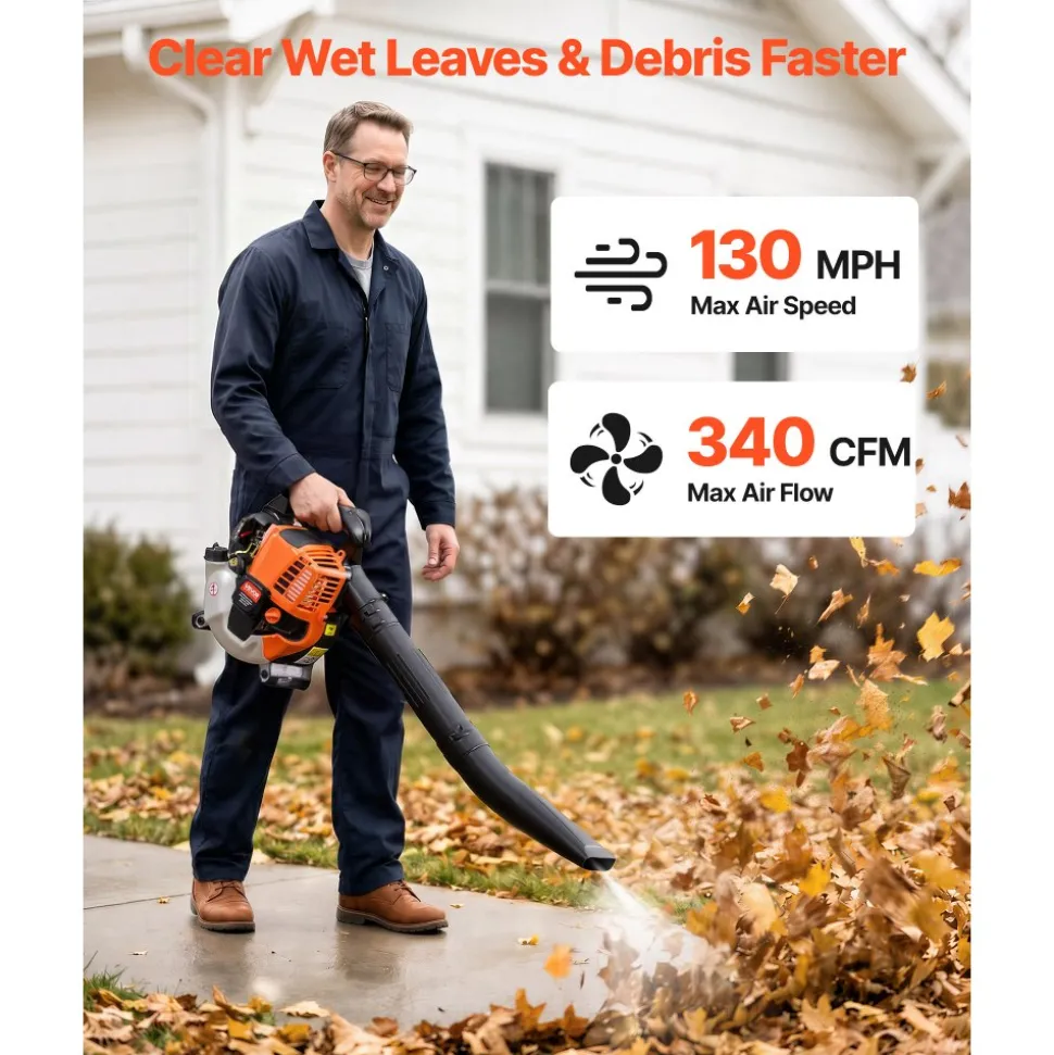 VEVOR Gas Leaf Blower, 25.4CC 4-Stroke Gas Powered Handheld Leaf Blower with 0.75L Fuel Tank, 340 CFM Air Volume, 130 MPH Air Speed, Ideal for Lawn Care, Leaves Cleaning, Yard Debris & Snow Removal