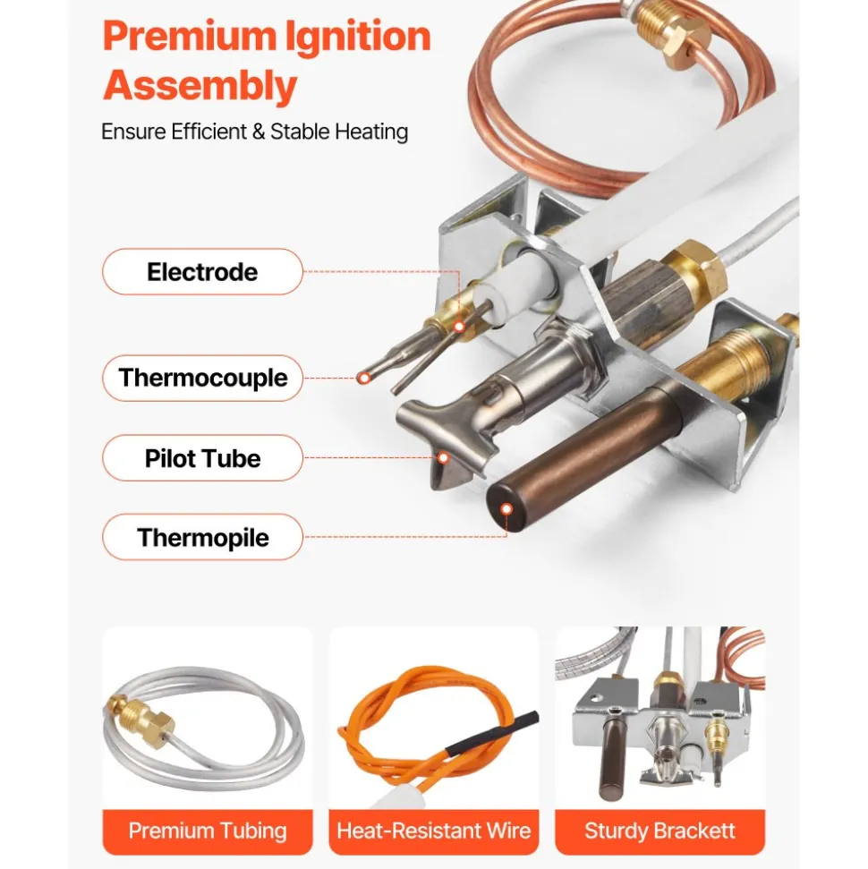 VEVOR Gas Pilot Assembly, OE 4021-732, 25660 Fireplace Gas Pilot Assembly, Natural Gas Ignition Replacement with Pilot Tube, Thermocouple, Thermopile, Wires, Compatible with Heatilator Models