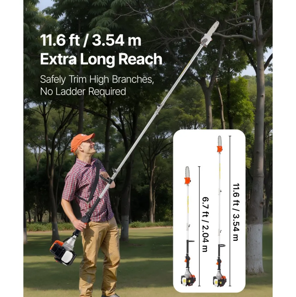 VEVOR Gas Pole Saw, 33CC 2 Stroke Gas Powered Pole Saws with 8 in Cutting Bar, Cordless Tree Trimmer with 30 fl.oz Fuel Tank, 6.7 to 11.6 ft Extendable, Powerful Chainsaw for Tree Trimming Pruning