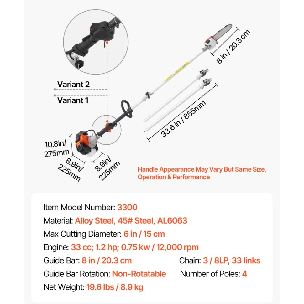 VEVOR Gas Pole Saw, 33CC 2 Stroke Gas Powered Pole Saws with 8 in Cutting Bar, Cordless Tree Trimmer with 30 fl.oz Fuel Tank, 6.7 to 11.6 ft Extendable, Powerful Chainsaw for Tree Trimming Pruning