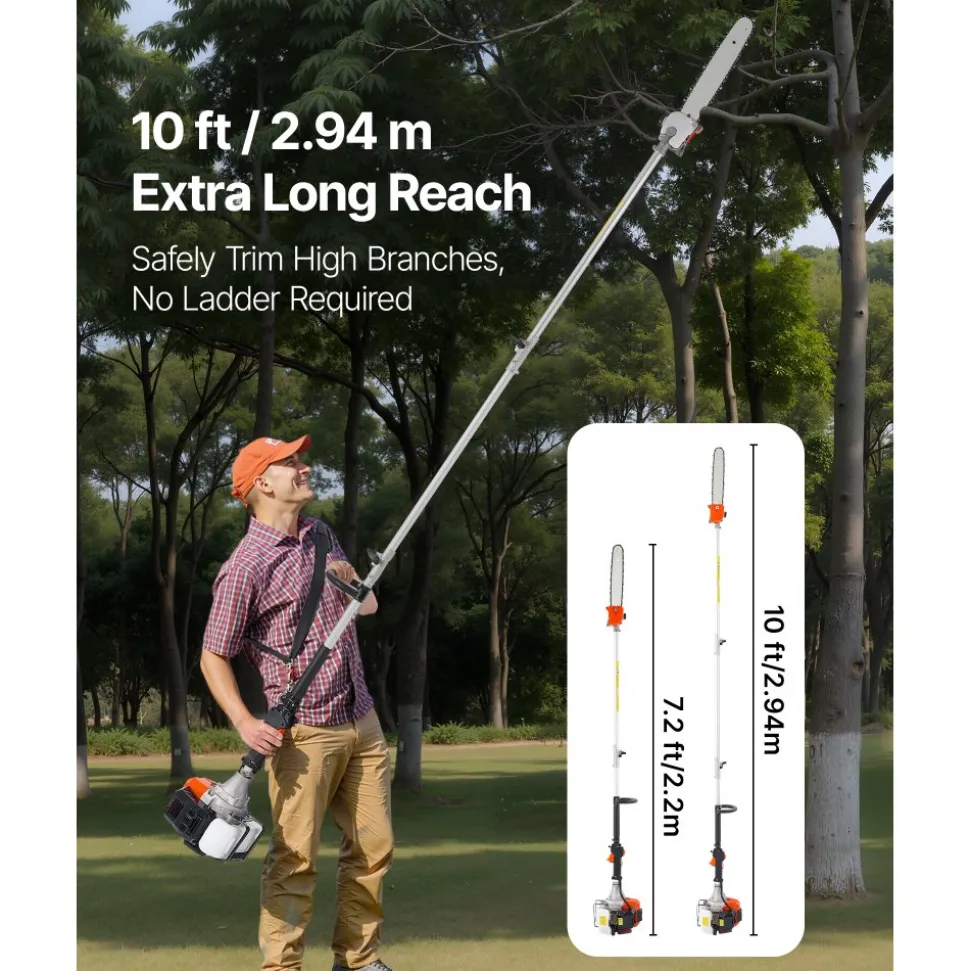VEVOR Gas Pole Saw, 43CC 2 Stroke Gas Powered Pole Saws with 12 in Cutting Bar, Cordless Tree Trimmer with Rotatable Head, 7.1 to 12 ft Extendable, Powerful Chainsaw for Tree Trimming Pruning