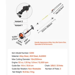 VEVOR Gas Pole Saw, 43CC 2 Stroke Gas Powered Pole Saws with 12 in Cutting Bar, Cordless Tree Trimmer with Rotatable Head, 7.1 to 12 ft Extendable, Powerful Chainsaw for Tree Trimming Pruning