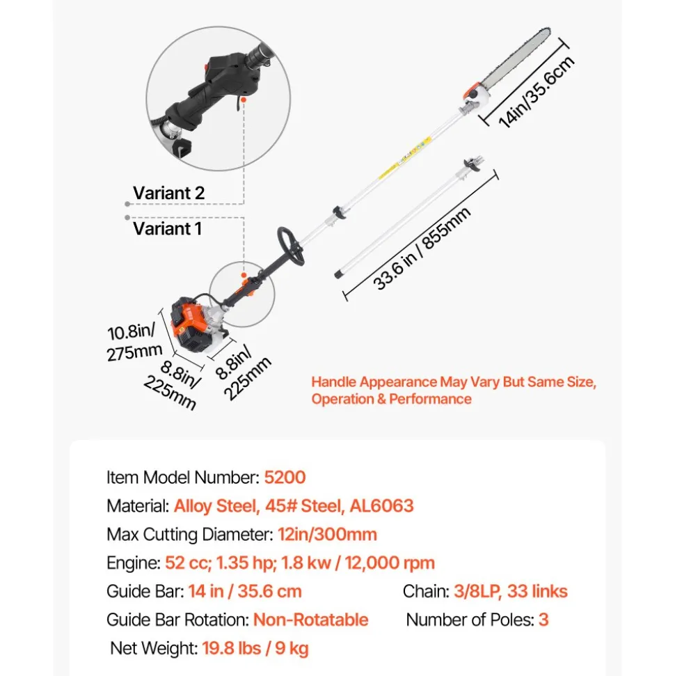 VEVOR Gas Pole Saw, 43CC 2 Stroke Gas Powered Pole Saws with 12 in Cutting Bar, Cordless Tree Trimmer with Rotatable Head, 7.1 to 12 ft Extendable, Powerful Chainsaw for Tree Trimming Pruning