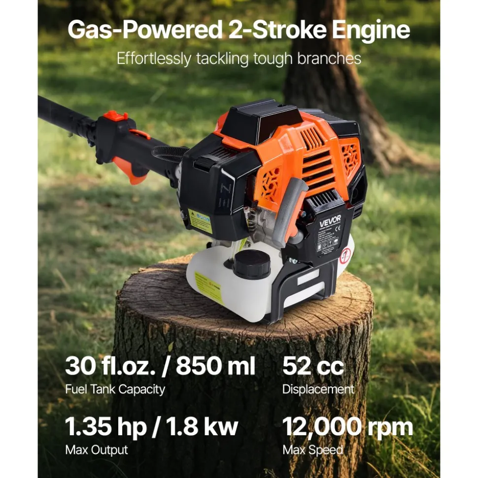 VEVOR Gas Pole Saw, 43CC 2 Stroke Gas Powered Pole Saws with 12 in Cutting Bar, Cordless Tree Trimmer with Rotatable Head, 7.1 to 12 ft Extendable, Powerful Chainsaw for Tree Trimming Pruning