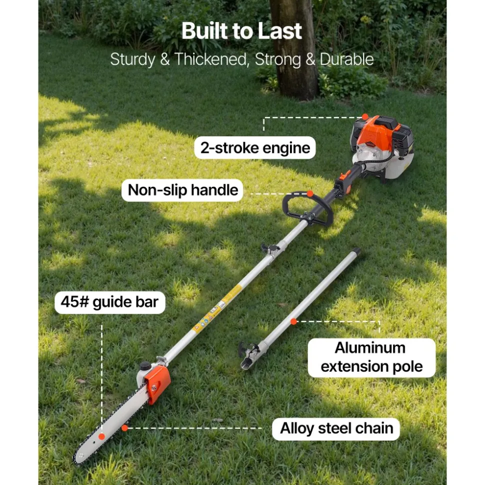 VEVOR Gas Pole Saw, 43CC 2 Stroke Gas Powered Pole Saws with 12 in Cutting Bar, Cordless Tree Trimmer with Rotatable Head, 7.1 to 12 ft Extendable, Powerful Chainsaw for Tree Trimming Pruning