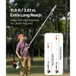 VEVOR Gas Pole Saw, 43CC 2 Stroke Gas Powered Pole Saws with 10 in Cutting Bar, Cordless Tree Trimmer with Rotatable Head, 6.9 to 11.8 ft Extendable, Powerful Chainsaw for Tree Trimming Pruning