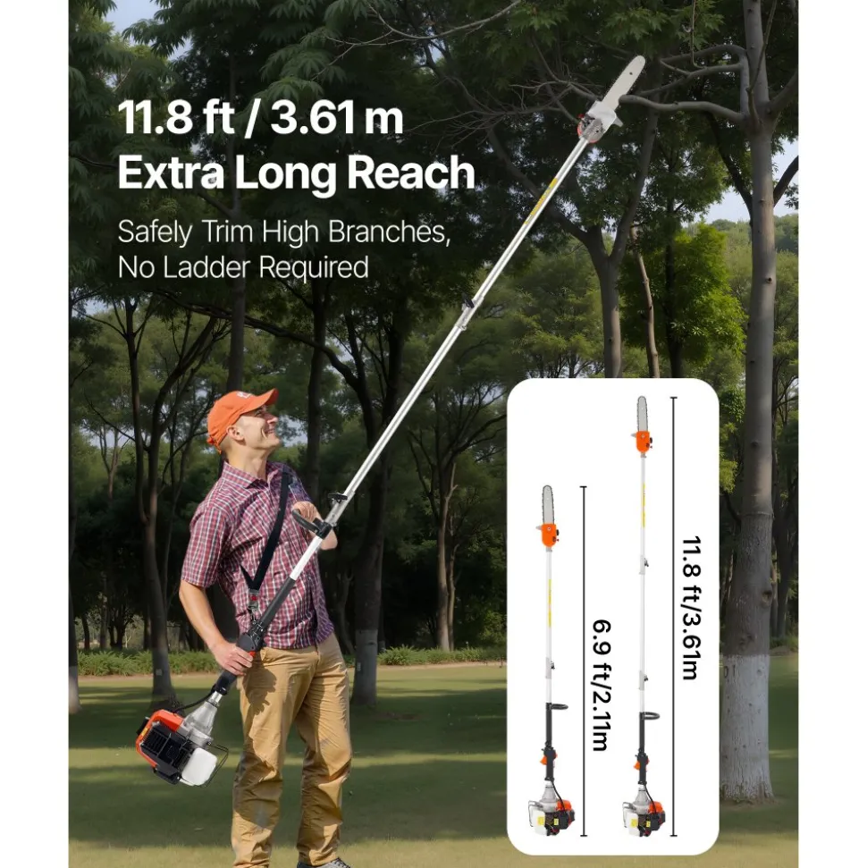 VEVOR Gas Pole Saw, 43CC 2 Stroke Gas Powered Pole Saws with 10 in Cutting Bar, Cordless Tree Trimmer with Rotatable Head, 6.9 to 11.8 ft Extendable, Powerful Chainsaw for Tree Trimming Pruning