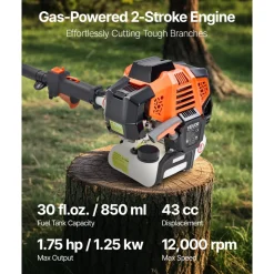 VEVOR Gas Pole Saw, 43CC 2 Stroke Gas Powered Pole Saws with 10 in Cutting Bar, Cordless Tree Trimmer with Rotatable Head, 6.9 to 11.8 ft Extendable, Powerful Chainsaw for Tree Trimming Pruning