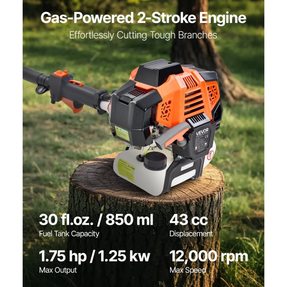VEVOR Gas Pole Saw, 43CC 2 Stroke Gas Powered Pole Saws with 10 in Cutting Bar, Cordless Tree Trimmer with Rotatable Head, 6.9 to 11.8 ft Extendable, Powerful Chainsaw for Tree Trimming Pruning