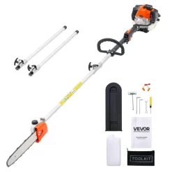 VEVOR Gas Pole Saw, 25CC 2 Stroke Gas Powered Pole Saws with 12 in Cutting Bar, Cordless Tree Trimmer with 23 fl.oz Fuel Tank, 7 to 12 ft Extendable, Powerful Chainsaw for Tree Trimming Pruning